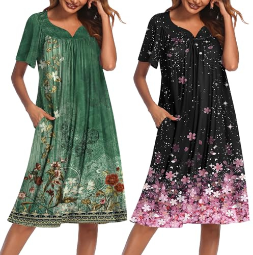 Ekouaer 2 Pack House Dresses for Women with Pockets Short Sleeve Moo Moos | Floral Print Mumu Dresses, V-Neck Pleated Nightgown, Soft, No-Pilling, Wrinkle-Free Moomoo Dress for Home & Garden, S-4XL