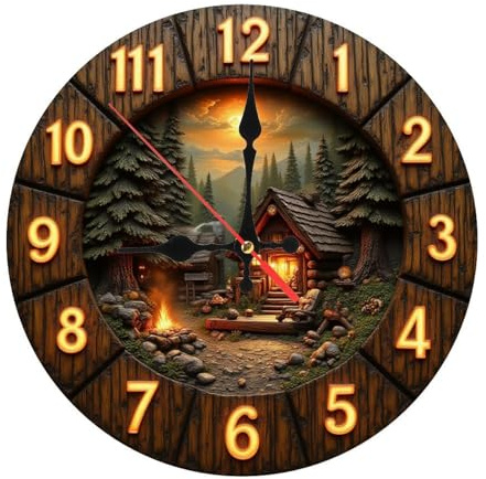 Rustic Log Cabin Wooden Wall Clock with Forest Night Scene Decor 25x25cm