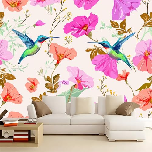 Carta da parati fotografica non tessuta Rosa, Acquerello Fiori Uccelli murales per camera da letto soggiorno TV corridoio salotto - 250 x 175 cm