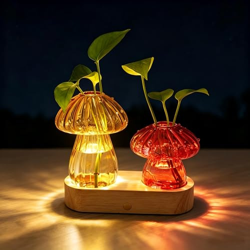 Everkeen Beleuchtete Vase Glas LED Leuchtende Blumenvase in Pilzform Plant Propagation Station mit Holz Basis Intelligente Stufenlose Dimmbare Hydroponik Pflanzen Vermehrungsstation für Wohn Büro Deko