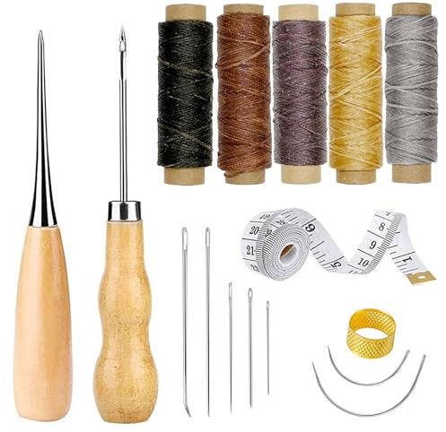 JMZLLRX Set di Strumenti in Pelle per Artigianato, Kit Ago da Cucire in Pelle con Filo Cerato, Aghi da Cucito a Mano per DIY Cucitura Artigianato, 16 Pz