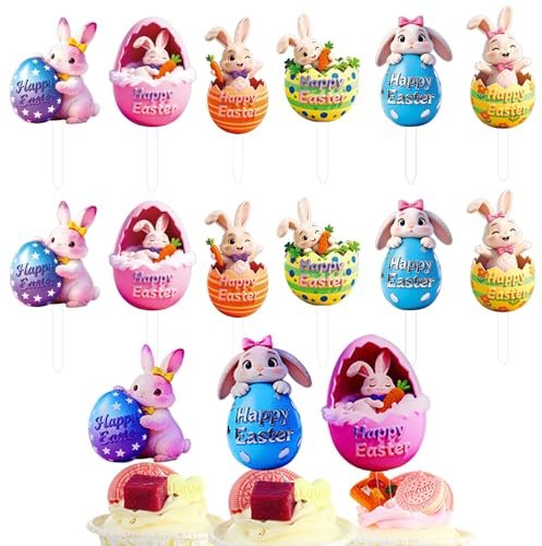 Happy Easter Bunny and Eggs Acrylic Cupcake Toppers, UV Print Cute Dessert Decoration, 12 Pieces Party Cake Decorations