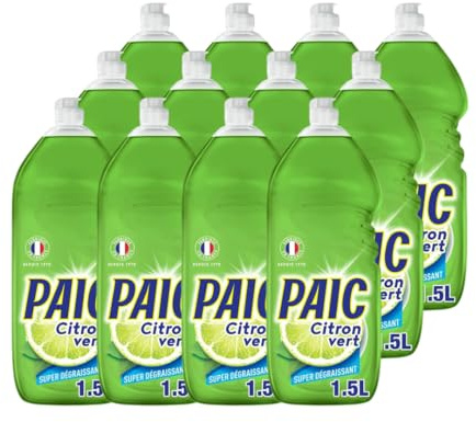 PAIC - Liquide Vaisselle Paic Citron Vert Super Dégraissant - Nettoie - Dégraisse - Élimine les mauvaises odeurs - Lot de 12 x 1500 ML
