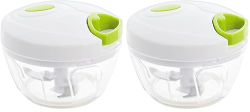 H&H Hand Chopper Tritatutto Manuale a Corda per Frutta e Verdura - Lame in Acciaio Inossidabile, Base Antiscivolo, Bianco/Verde Lime - Sminuzzatore Rapido e Efficace (Confezione da 2)