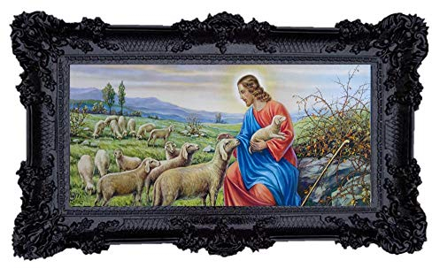 Heiligenbild 96x57cm Hirte Jesus mit Lämmchen und Schafherde Ikonen Bild Wunderschönes Repro Barock Antik Look gerahmtes Gemälde mit Ornamentverziehrungen (Schwarz) 75B