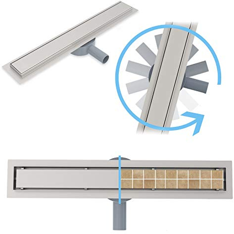 AICAIT Canaletta Scarico Doccia Canalina Scarico Doccia a Pavimento Piastrellabile Pannello 2 in 1 sifone ruota 360 in Acciaio Inossidabile per Box Doccia Bagno Piscina Drenaggio (90cm)