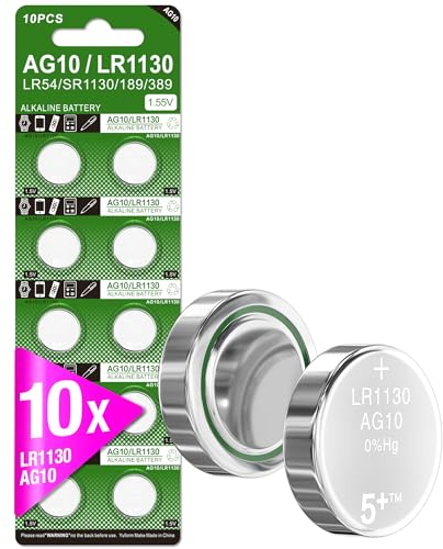 5Plus 10-Pack LR1130 AG10 SR1130 SR1131 389 390 LR54 189 387A 1.5V Button Cell Batteries – Alkaline Coin Batteries for Watches, Calculators, Toys, Remotes, Small Electronics