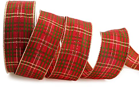 20 m x 40 mm Dekoband KARO ELEGANT ROT GRÜN Gold mit formstabilen Kanten Lurex Glänzendes Schleifenband Weihnachten Geschenkband kariert Goldkante