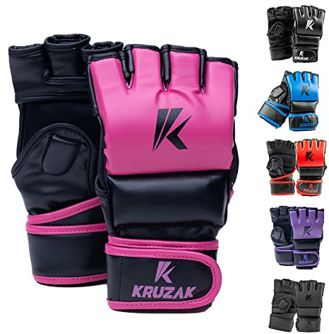 Kruzak MMA Gloves, Men and Women’s Half-Finger Boxing Mitts, Hand Wraps with Open Palms for Grappling, Kickboxing, Sanda, Sparring, Muay Thai (S/M, Pink)