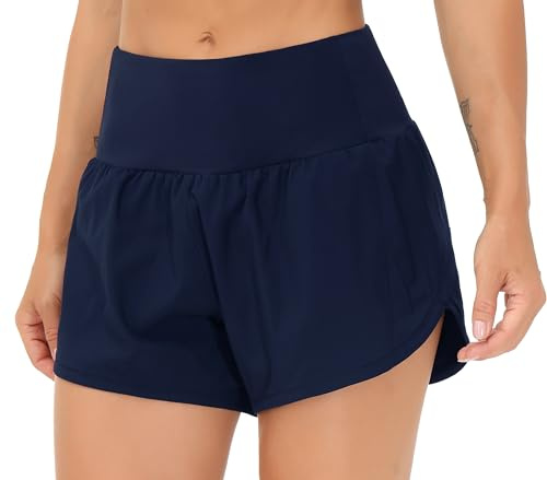 THE GYM PEOPLE Damen Sport Shorts High Waist Sporthose Kurz Laufhose 2 in 1 mit Tasche und Netzfutter Schnelltrocknend für Running Tennis Volleyball Workout
