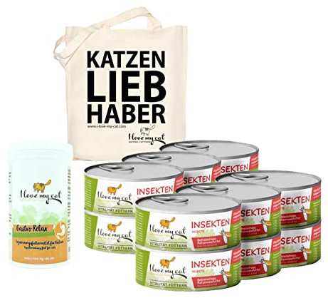 I Love My cat Futterset für Katzen mit sensibler Verdauung – 12 Dosen getreidefreies Nassfutter mit Insekten (je 100 g) + Gastro Relax Pulver 80 g + Jutebeutel