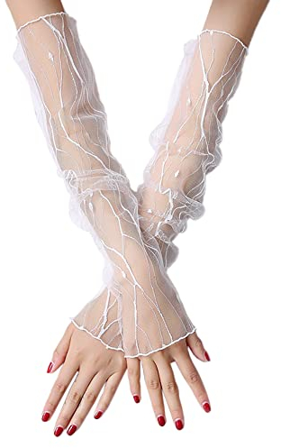Wambere 1 Paar Damen Kühlung Arm Ärmel Lange Ultradünne Fingerlose Ellbogen Sommerhandschuhe Sonnenschutz UV Schutz Kühles Netz Tül Fingerlose Armstulpen Perfekt Party Outdoor Sportaktivitäten,Weiß C