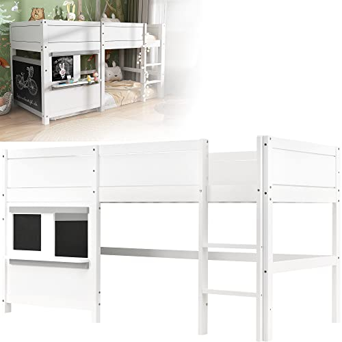 200x90cm-Bettgestell auf beiden Etagen, Etagenbett mit Wandtafel & Kleiner Ablage, Spielbett, Platzsparendes Kinder Etagenbett aus massiver Kiefer, mit Leiter, Weiß