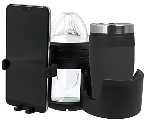 Jetclutch Stroller Cup Holder with Phone Holder, Universal Pushchair/Pram Cup Holder, 360° Rotating Phone Holder Double Hole Baby Cars Organizer Cup Holder Anti-Slip Baby Bottle Holder for Stroller