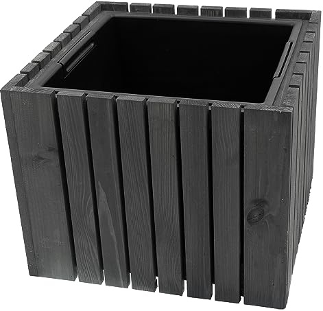 HRB Blumentopf Vintage eckig aus Echtholz anthrazit, hochwertiger Holz Pflanztopf mit Kunststoffwanne mit 15,5 L Volumen für Innen und Außen, die Pflanzkübel haben EIN einzigartiges Design