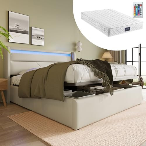 MQGPM Polsterbett 140 x 200cm mit Kopfteil in LED, Hydraulisch Stauraumbett mit Bettkasten, Bett mit Lattenrost, Doppelbett Bettgestell aus Massivholz und Pu-Leder, mit Matratze, Weiß