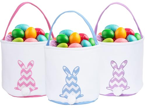 GugnRyAc 3 Pcs Easter Bunny Basket - Canvas Cotton Easter Eggs Basket with Fluffy Tails - Perfect for Girls & Boys Easter Egg Hunts - Easter Baskets for Kids (Pink, Purple, Blue)