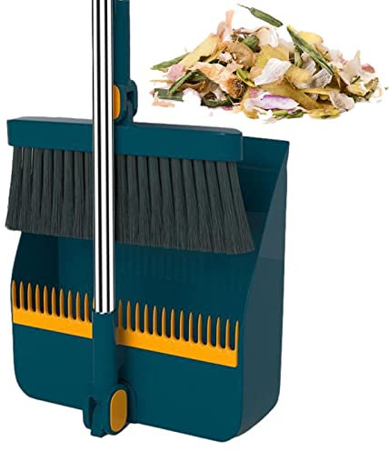 Ahuuen Juego De Recogedor Y Cepillo | Juego De Recogedor De Escoba con Dientes De Peine | Giratorio De 180 | Recogedor De Mango Largo Ajustable | para Limpieza del Hogar | Ahorrando Espacio