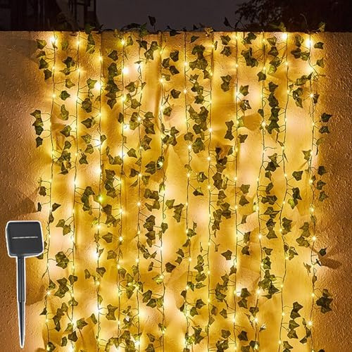 Solar LED Lichterkette Efeu Künstlich, 5M 50 LEDs Efeu Girlande Lichterkette, LED Lichterketten Wasserdicht, 8 Modi Lichterkette Mit Blumengirlande Hängend Pflanzen Für Garten Balkon Deko (5M 50LED)