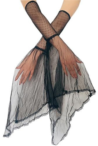 LERTREEUK Halloween Lange Tüll Bühnenhandschuhe 1920er Schwarze Spitzenärmel Abnehmbare Armstulpen Hexe Cosplay Kostüm
