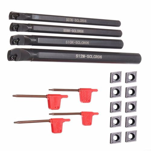 HOHOVYVY Drehmeißel Wendeplatten,Set Mit 7 8 10 12 MM SCLCR06 Drehwerkzeug-Bohrstange Für Drehmaschinen + 10X CCMT0602 Einsätze