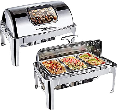 9-Liter-Chafing Dish aus Edelstahl in voller Größe mit Sichtfenster, Rolldeckel, Chafer- und Buffetwärmer-Set mit 1/3-Einsätzen, Lebensmittelpfanne, Wasserpfanne und Brennstoffhaltern