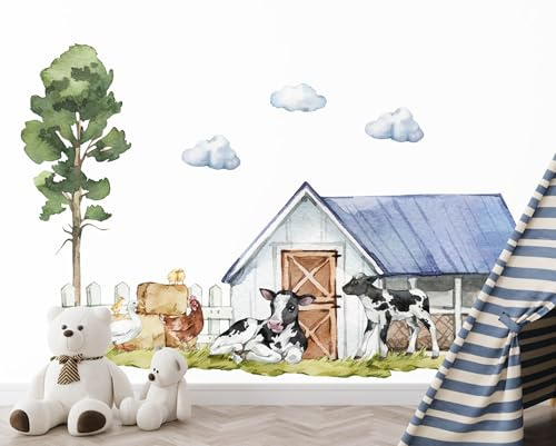 Pastell Wandtattoos für Kinderzimmer – Pony und Fohlen auf Lichtung, Waldtiere, Kaninchen und Eule, Niedliche Dekorationen für Kinder (Nutztiere)