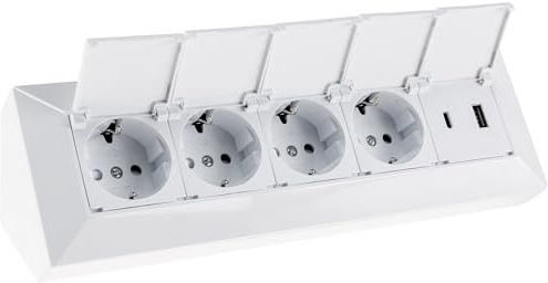 ChiliTec 4-Fach Steckdosenblock mit Klappdeckel USB-A USB-C PD, Weiß | 230V, Mehrfachsteckdose für Küche Büro Werkstatt