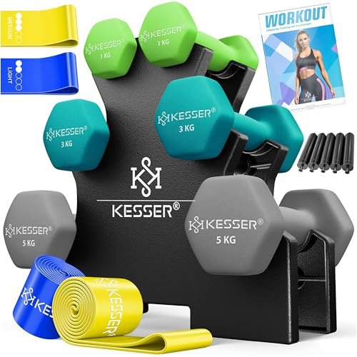 KESSER Set di manubri, 3 paia, 1 kg – 5 kg, 12 kg o 18 kg, manubri corti con supporto, palestra, allenamento della forza, set di manubri in neoprene antiscivolo,