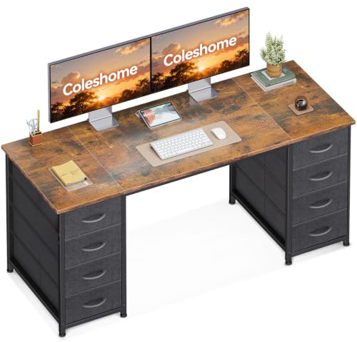 Coleshome Skrivbord med 8 Tyglådor, 140x48cm, Svart | med Förvaring, Databord för Vardagsrum och Hem