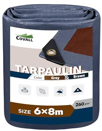 Covall Tarpaulin Waterproof EXTRA Heavy Duty 260g/m² 6x8m Grey/Brown Tarp | 100% Waterproof UV & Tear Resistant Groundsheet with Reinforced Corners & Anti-Rust Grommets for Camping,Garden,Roof,Patio