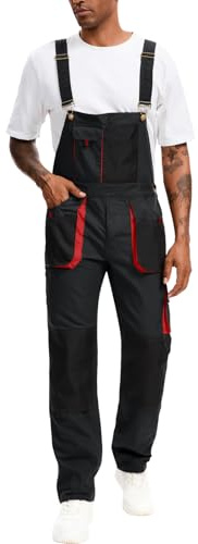 WORK IDEA Men's Bib Overalls Sturdy Canvas Work Overalls with Knee Pad Pockets,Black/Red, 40Wx 32L