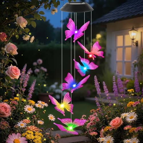 Solar Butterfly Wind Chimes Garden for Women Gifts, Birthday Mothers Day for Women Mum Grandma, Solar Wind Chime Lights Outdoor Decoration for Garden, Yard, Porch, Window Sill