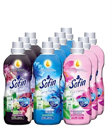 Sofin Weichspüler vegan Mix Pack 0,81L - 3 x Tropical Blossom, 4 x Spring Morning, 3 x Flower Explosion, Mit Anti-Pilling-Effekt, Ohne Mikroplastik, Himmlisch weiche & duftende Wäsche