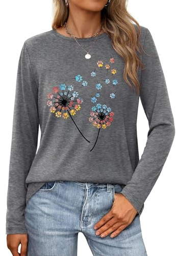 tiorhooe Long Sleeve Tops Women Casual Crew Neck Fashion Going Out Tee Top | Floral Dandelion Prints, Soft Breathable Fabric, Comfy Relaxed Fit, Versatile Daily Wear, Easy Care, Machine Washable