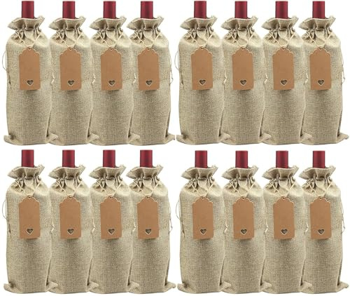 16 Stück Weinbeutel Weintasche, Geschenkbeutel aus Sackleinen Wiederverwendbar Weinbeutel mit Kordelzug und Anhänger Tischdekoration Weihnachtsfeier für Hochzeit Geschenke Party Decor, Braun