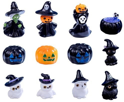 12Stück Mini Halloween Figuren Set Party liefert Cupcake Figuren Cake Topper Hexe Geist Kuchendekoration Tortendeko für Kürbis Eule Katze Party Familienessen Totenkopf Dekoration Ornamente