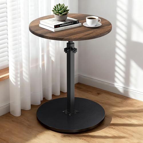johgee Beistelltisch Holz mit Rollen, Höhenverstellbar (45-77cm), ⌀ 40 cm, Beistelltische fürs Wohnzimmer, Sofas, Couchtisch Holz
