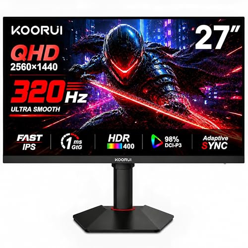 KOORUI Gaming Monitor, 27 Fast IPS Computer Monitor, 320Hz QHD HDR400 Display, PIP/PBP Mode 1ms PC Screen, 98% DCI-P3 Color Gamut, Adaptive Sync, VESA Mountable, HDMI 2.0, DP 1.4, G2721E