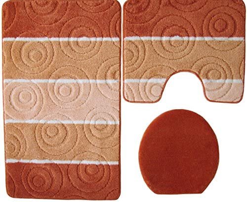 Orion Badgarnitur 3 TLG. Set 50x80 cm Mehrfarbig gestreift, WC Vorleger mit Ausschnitt für Stand-WC (lachs terrakotta)