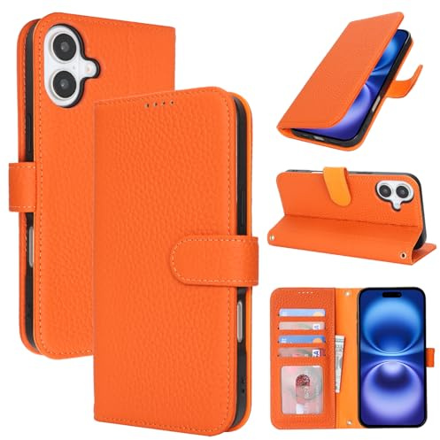 Zouzt Echtleder Hülle für iPhone 16 (6,1), 4 Kartenfächern, Orange | Premium Leder, Kartenhalter, Magnet Klapp Schutzhülle, Stoßfeste TPU-Innenhülle, Frauen Männer, Leather Wallet Phone Case