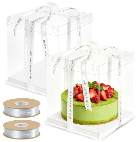 2 stycken transparenta kaklådor 30 x 30 x 25 cm | Högkvalitativ tårtlåda med bas och band | återanvändbar presentförpackning, transparent för födelsedag, bröllop, dessert | robust kaklåda (vit)