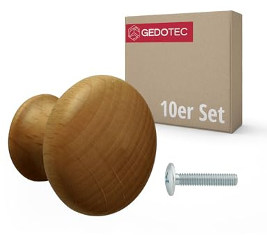 Gedotec 10 unidades Pomo de muebles URSULA Madera de nogal claro Ø 35 mm con inserto roscado de latón Tornillo M4×25 mm incl. | Pomo de madera maciza Tirador de muebles Pomo de madera Tirador de