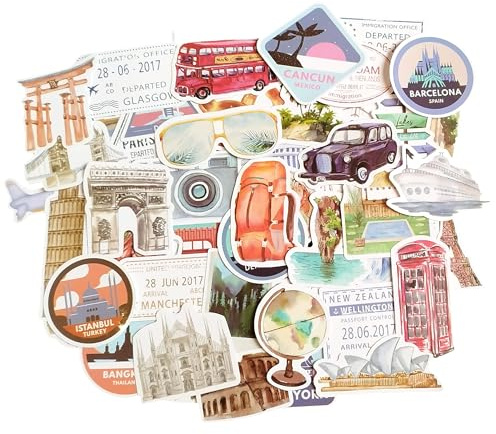 Set Stickers Viaggio Timbri Passaporto Stickers Monumenti Mondo Vinile Etichette Valigia Diario Quaderno Scrapbook Laptop Borraccia Adesivi Decorativi Bambini Adulti Fai da Te