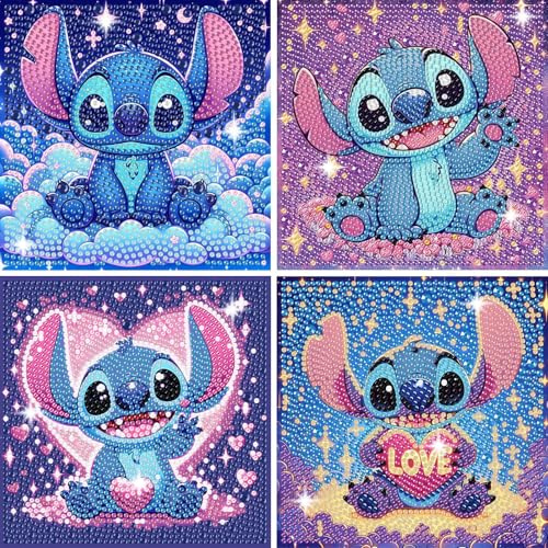 4 Pezzi Stitch 5D DIY Diamond Painting Kit Completo,Pittura Diamante Fai Da Te con Strass,diamond painting anime, Decorazione Pareti, Anime Pittura per Casa, Pittura Diamante Creativo e Regalo,18x18cm