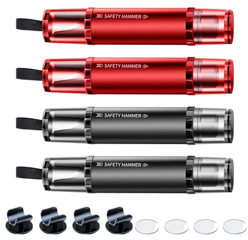 VEGCOO Lot de 4 Brise-vitres de Voiture Coupe-Ceinture de Sécurité 2 en 1, Marteau éclair pour Voiture avec 4 Supports et 4 Verres de Test pour Évacuation d'urgence
