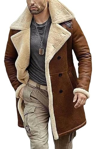 J'Jackin B3 Brown Leather Shearling Coat Men – Warm Aviator Style Long Winter Coats Medium