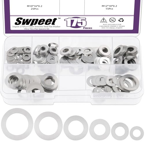 Swpeet 175Pcs 6 tamaños M4 M5 M6 M8 M10 M12 304 acero inoxidable arandelas planas Kit de sorteo, Ultra delgado espaciadores planos, Conjunto de arandelas metálicas, junta plana delgada