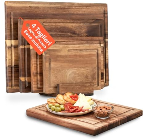 Avilia – Set 4 Taglieri da Cucina in Acacia Naturale con Base di Supporto Antiumidità, Taglieri in Legno Resistenti e Igienici per Tagliare, Servire e Presentare con Eleganza