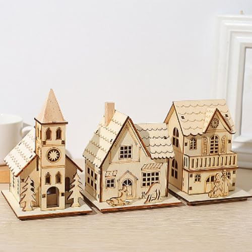 Generico 3 Pezzi Villaggio Natalizio | Casette Natalizie Luminose | LED Casette in Miniatura Natale | Decorazioni Legno Natale | Decorazione da Tavola per Le FESTIVITÀ Natalizie